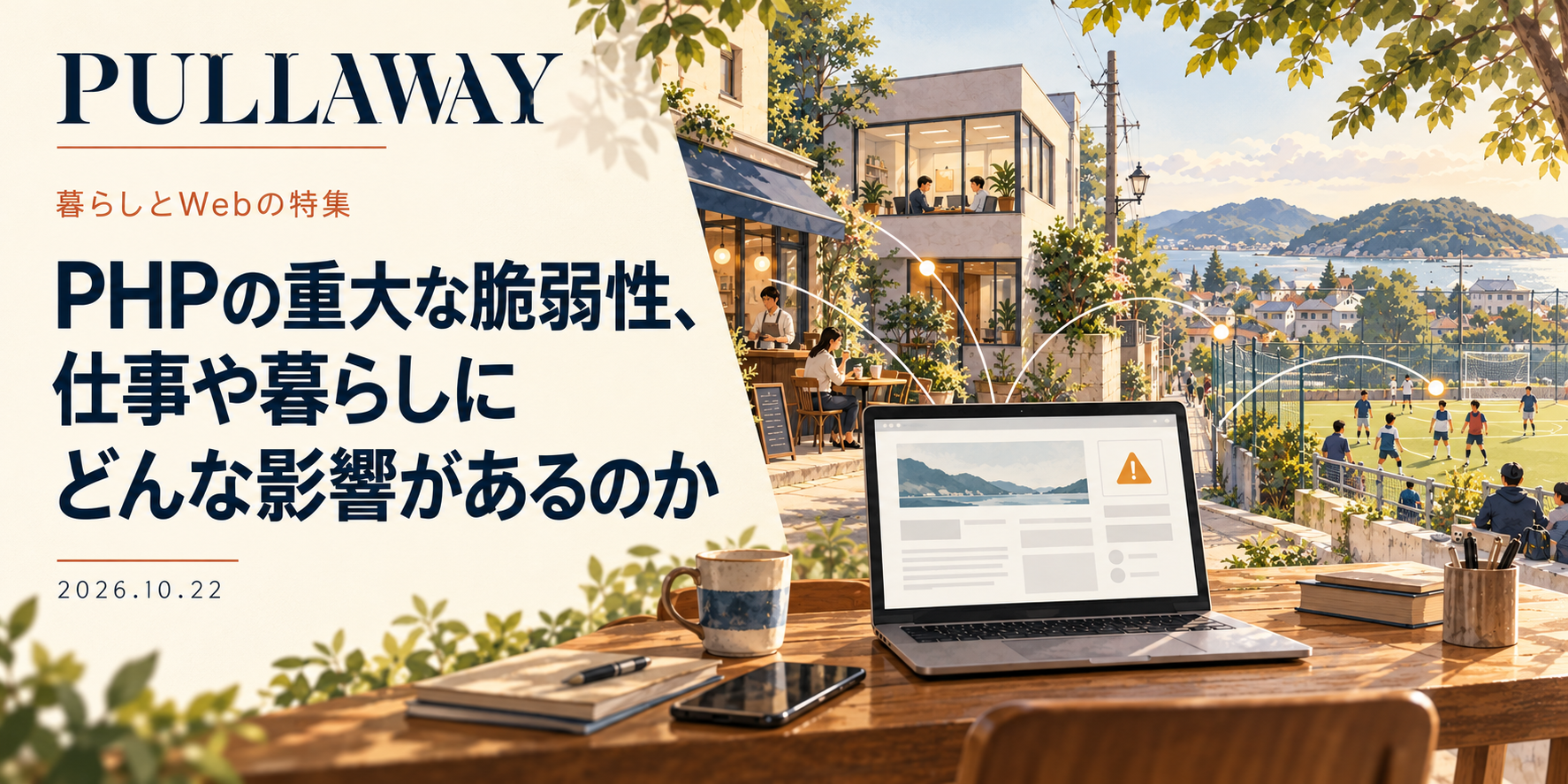 PHPの重大な脆弱性、仕事や暮らしにどんな影響があるのか。パソコンとカフェ、オフィス、サッカー場を配した雑誌風の表紙。