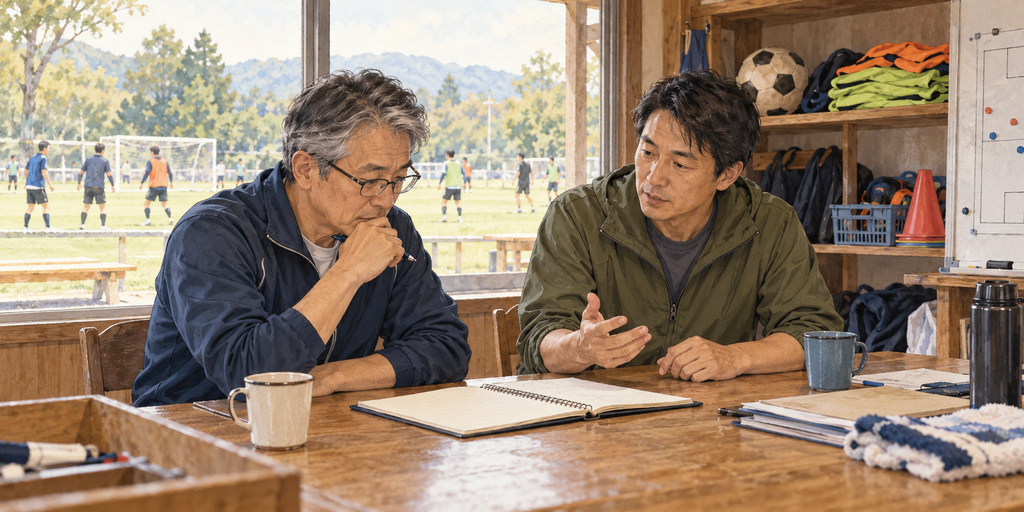 クラブハウスの机で、開いたノートを見ながら話す二人の男性。