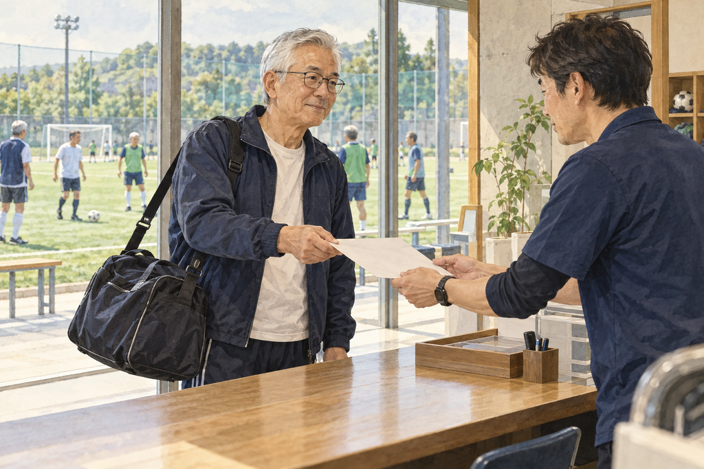 スポーツ施設の受付で、バッグを掛けた白髪の男性が申込書を渡している。