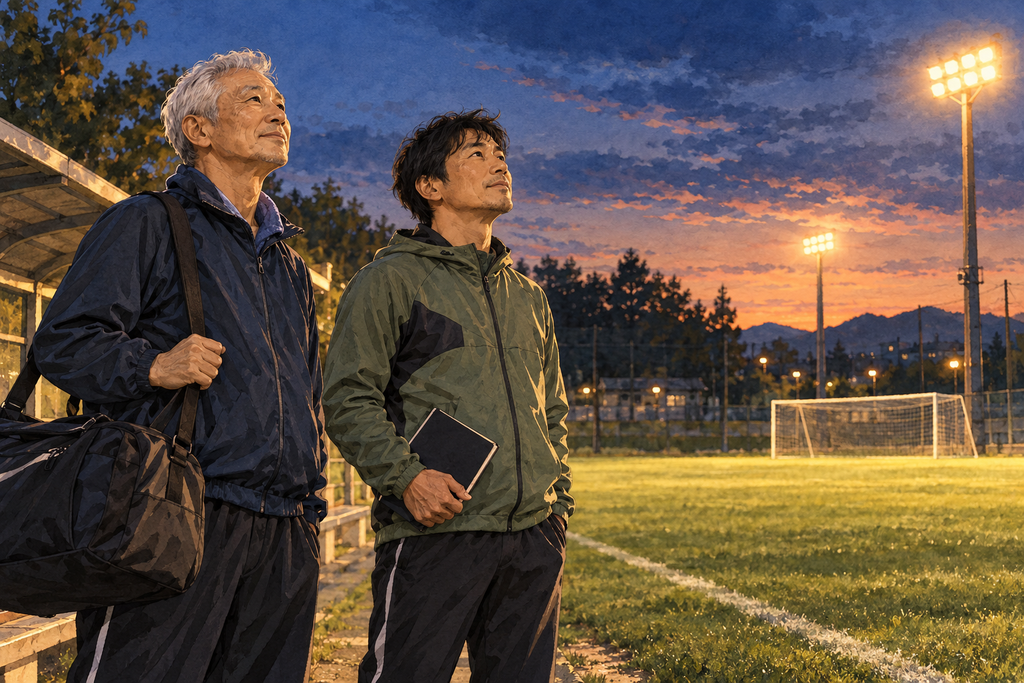 照明が点いた夕暮れのサッカー場で、バッグとノートを持って立つ二人の男性。