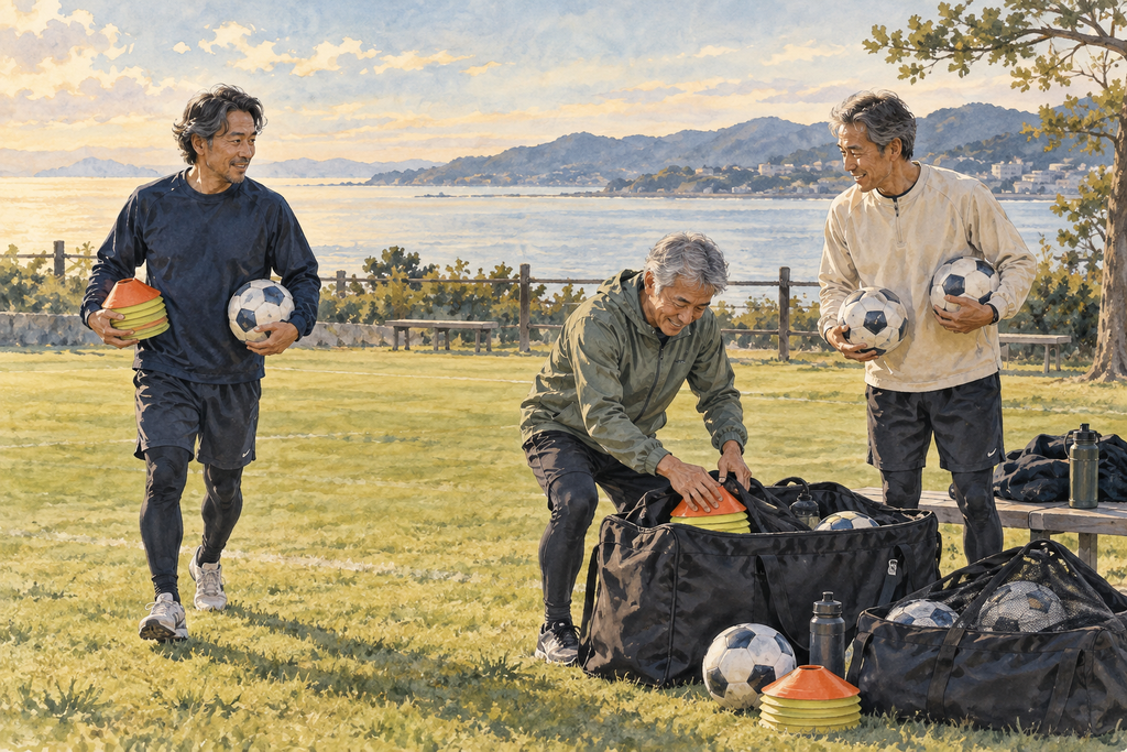ピッチ脇で、三人の男性がボールやマーカーをバッグへ片づけている。