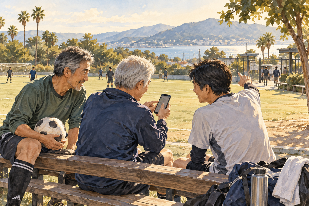 グラウンド脇のベンチでスマートフォンを確認する三人の男性と、入口を指す仲間。