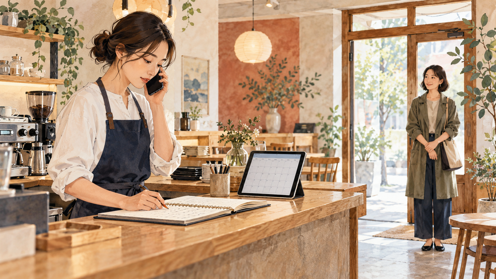 予約帳を開いて電話で対応するカフェのスタッフと、入口で待つ客。