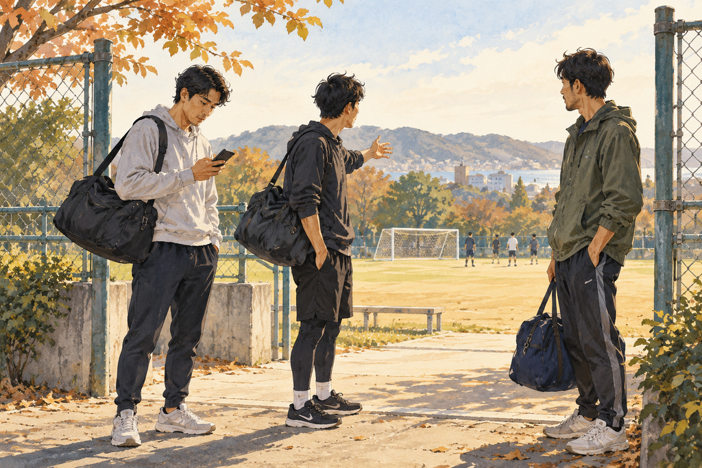 サッカー場の入口に集まり、一人がスマートフォンを確認し、別の一人が場内を指し示す三人の仲間。