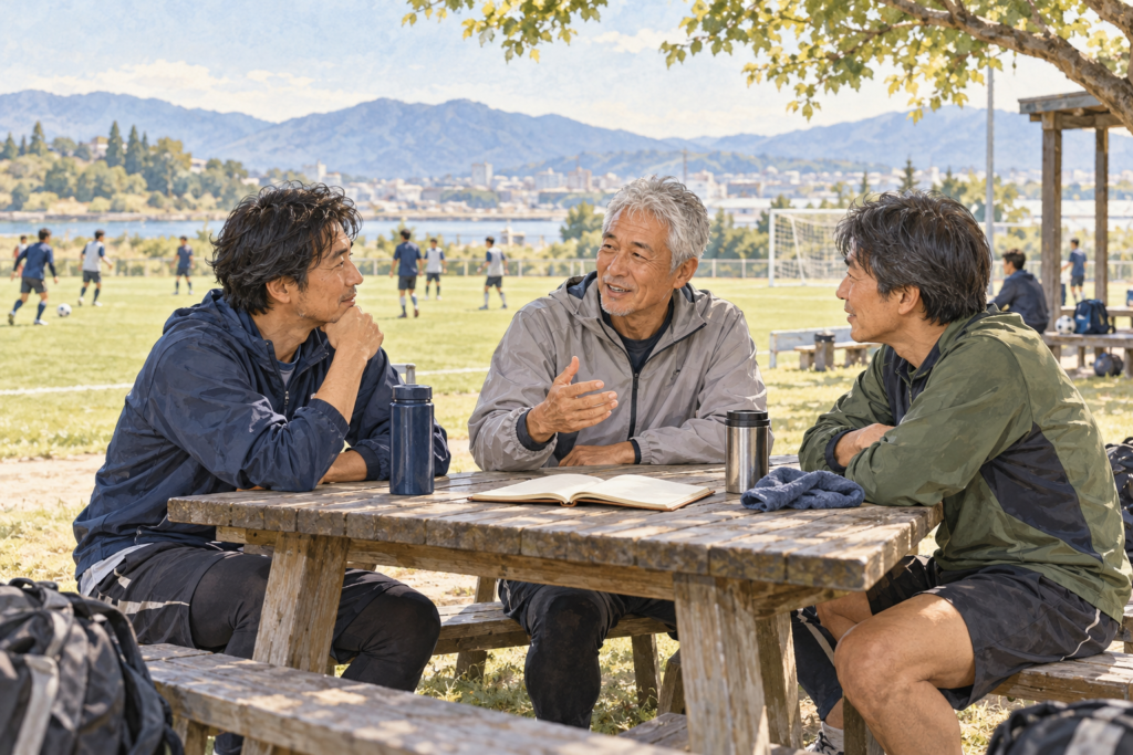 サッカー場の横で、白髪の男性を囲んだ三人がノートを開いて話している。