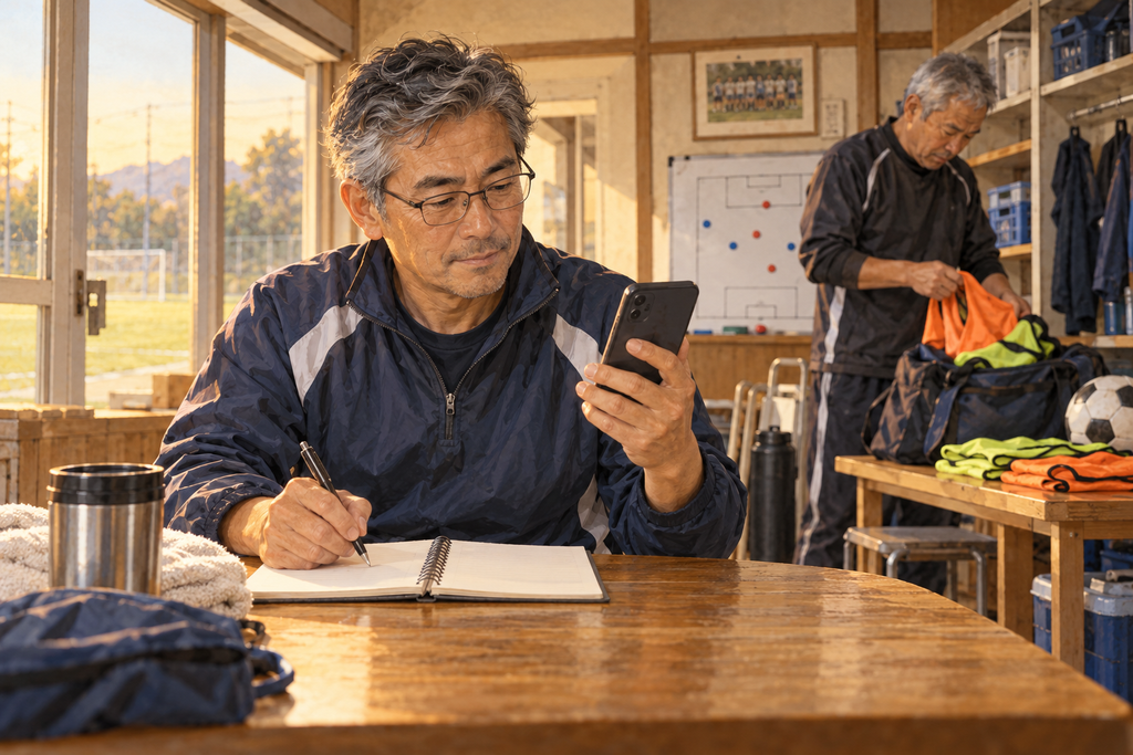 眼鏡を掛けた男性がスマートフォンを見てノートに記入し、奥で白髪の仲間がビブスを片づけている。