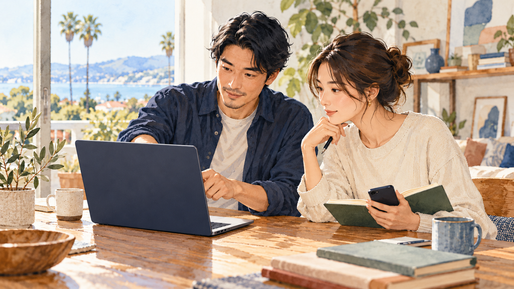 ノートとスマートフォンを持つ女性と男性が、同じノートパソコンを一緒に確認している。