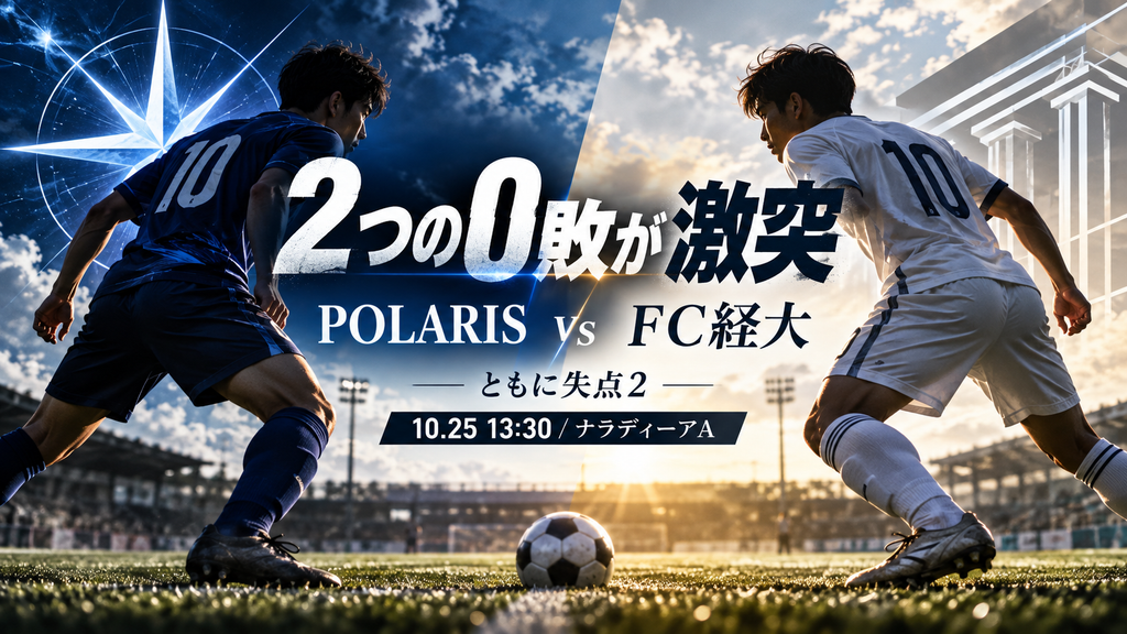 大阪府リーグ2部Cブロックで無敗のPOLARISとFC経大が、2026年10月25日13時30分にナラディーアAで直接対決することを表現した画像