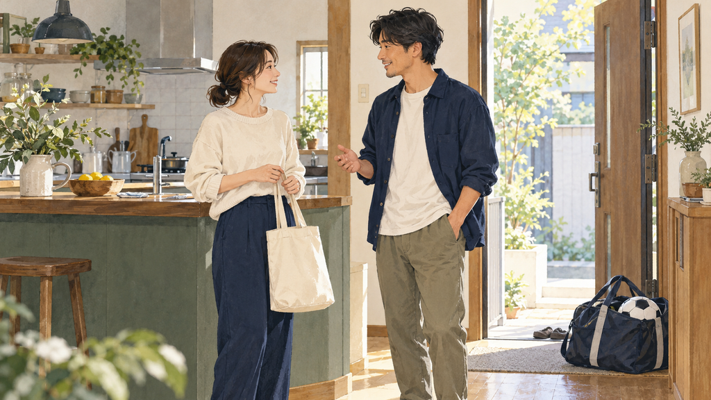 ユニフォームとすね当てが入ったバッグの隣に、時計と地図を表示したスマートフォン、鍵が並ぶイラスト。