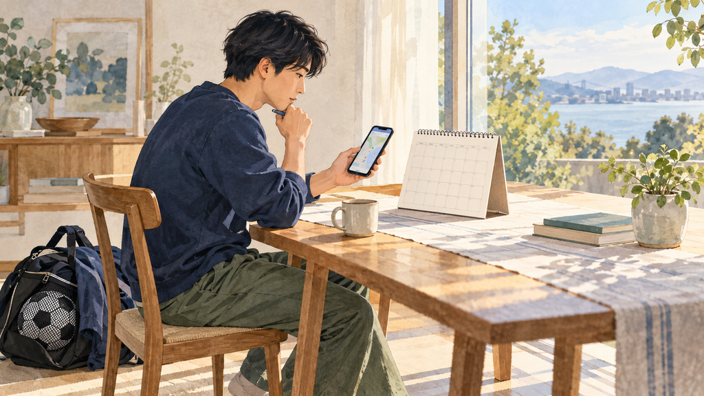 芝のグラウンドでボールを足元に置いた選手と、向かいで両腕を開くビブス姿の選手のイラスト。