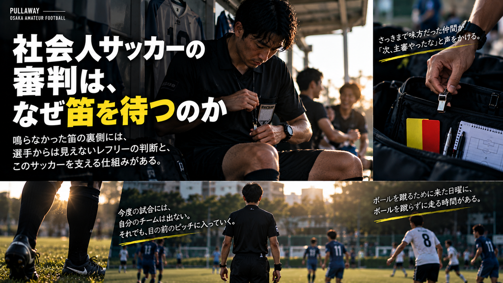 社会人サッカーの主審が笛を手にプレーの展開を見極め、アドバンテージを判断する場面を表現したイメージ