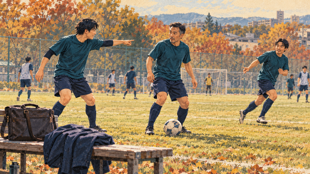 秋のグラウンドで、同じユニフォームを着た社会人サッカーの仲間が声をかけ合い、パスをつなごうとするイラスト。
手前のベンチには仕事かばんと上着が置かれている。
