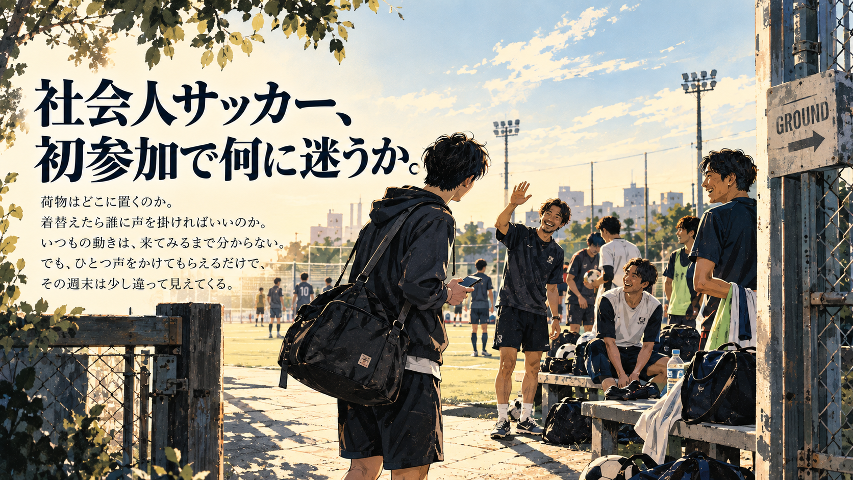社会人サッカー、初参加で何に迷うかという文字と、グラウンド入口で仲間に迎えられる参加者のイラスト。