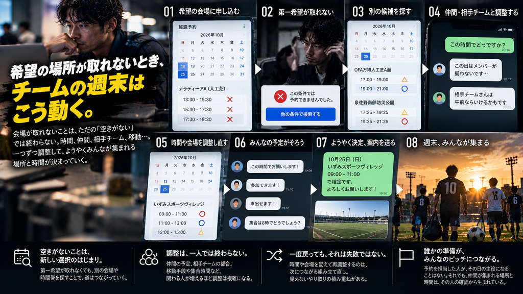 社会人サッカーで希望の会場が取れなかったあと、別の会場や時間帯を探し、仲間や対戦相手と調整して試合予定を決めていく流れを表現したイメージ