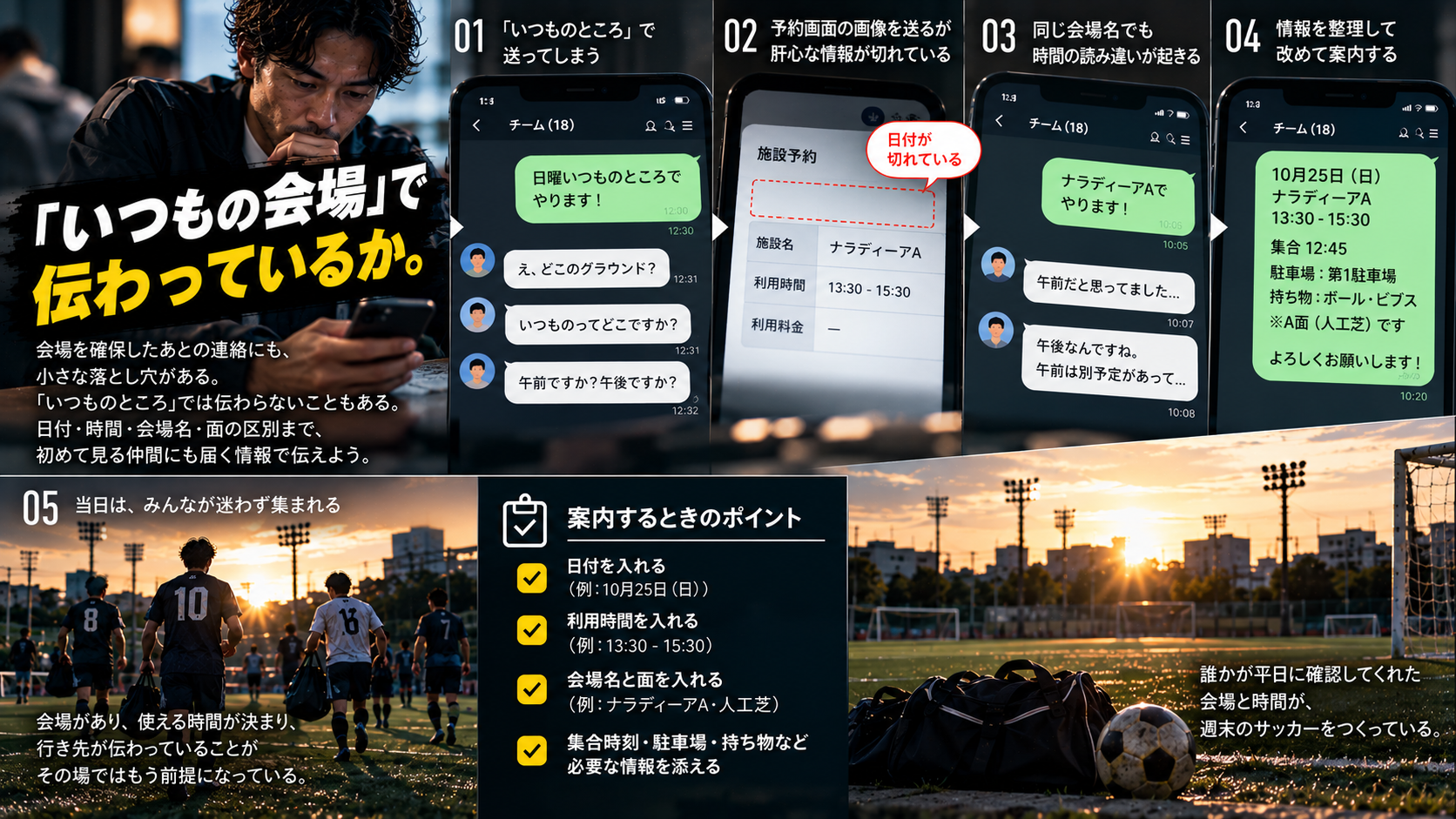 社会人サッカーの会場案内で、「いつものところ」という曖昧な連絡から、日付・時間・会場名・面の区別を明記した案内へ改善する流れを表現したイメージ