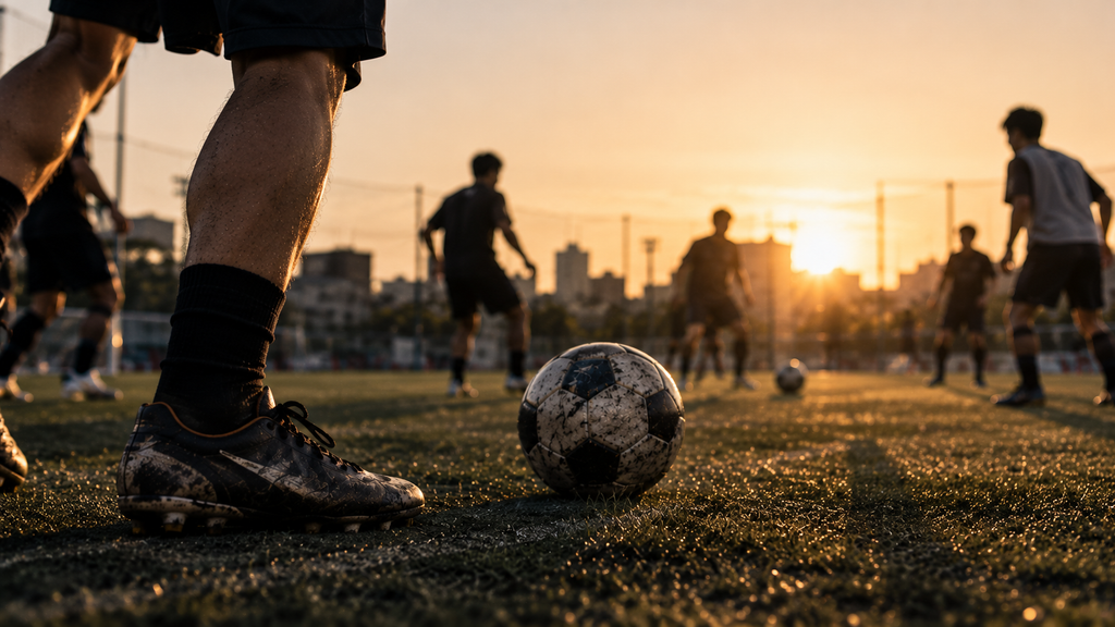 試合前のボール回しでわずかなパスのずれを気にする、元プロ志望の社会人サッカー選手の感覚を表現した実写風イメージ