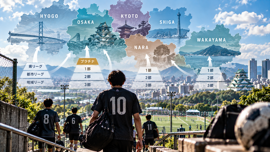 関西各府県の社会人サッカーリーグ構成と昇格ルートを表現したイメージ