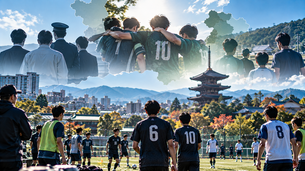 京都の社会人サッカーで企業チームと地域クラブが同じリーグで活動する様子を表現したイメージ 京都の社会人サッカーで企業チームと地域クラブが同じリーグで活動する様子を表現したイメージ