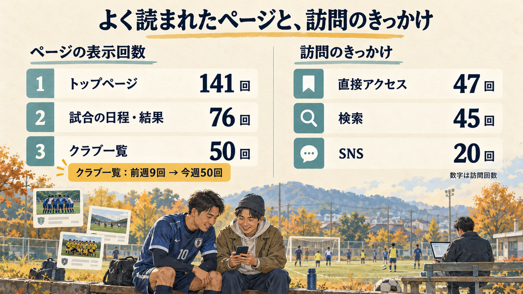 Pullawayの人気ページと訪問元をまとめた画像。
表示回数はトップページ141回、試合の日程・結果76回、クラブ一覧50回。
訪問回数は直接アクセス47回、検索45回、SNS20回。
下部にスマートフォンで情報を見るサッカー仲間を描いている。