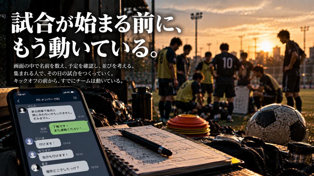 社会人サッカーの出欠連絡を確認するスマートフォンと、夕方のグラウンドで試合前の配置を相談する選手たちを表現した雑誌風イメージ。