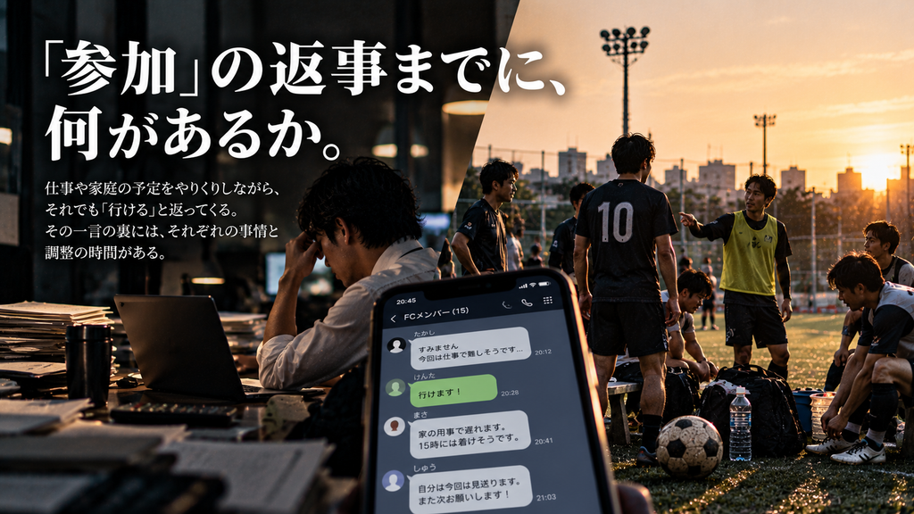 平日の仕事や家庭の予定を調整しながら社会人サッカーの出欠連絡を返し、週末のグラウンドに集まる選手たちを対比した雑誌風イメージ。