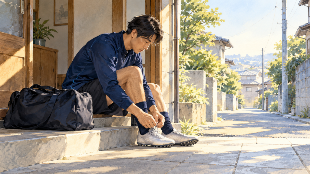 朝の光が差す玄関で、スポーツバッグの隣に座って靴ひもを結ぶ男性のイラスト。