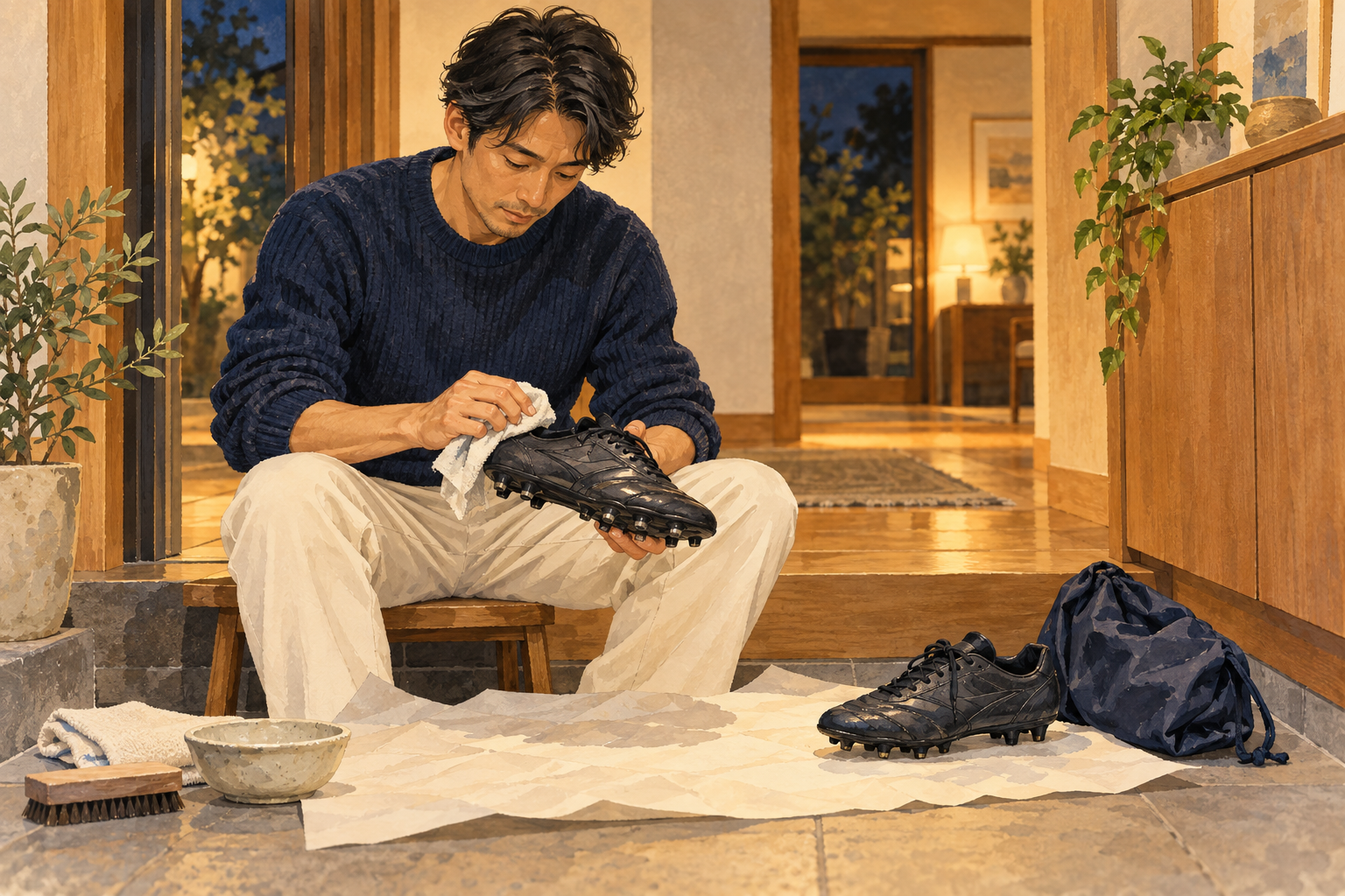 スパイクの手入れは、次の試合に同じ一足を持っていくための時間。 偶然シューズが脱げたときの競技規則や、仕事で使う資料を見直す場面を重ねながら、誰にも見られない平日の手入れを見つめます。 試合に出る日だけでは見えない、サッカーの続き方をたどるコラムです。