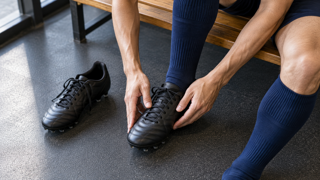 ベンチに座り、試着した黒いサッカースパイクの前足部と甲を両手で確認する選手。
