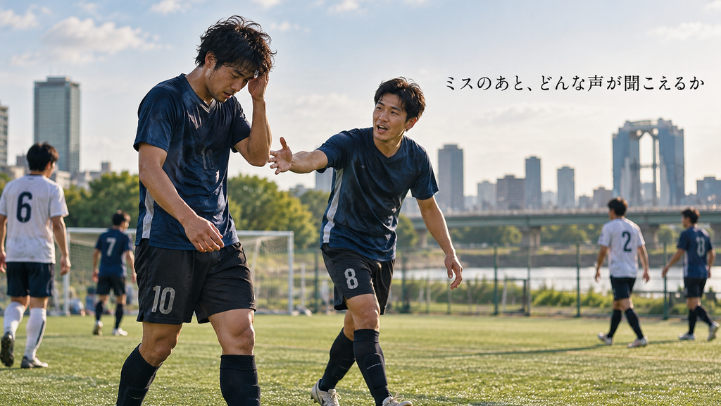 社会人サッカーの試合でミスをして落ち込む選手に、仲間が声をかけて次のプレーへ戻れるよう支える様子を表現したイメージ